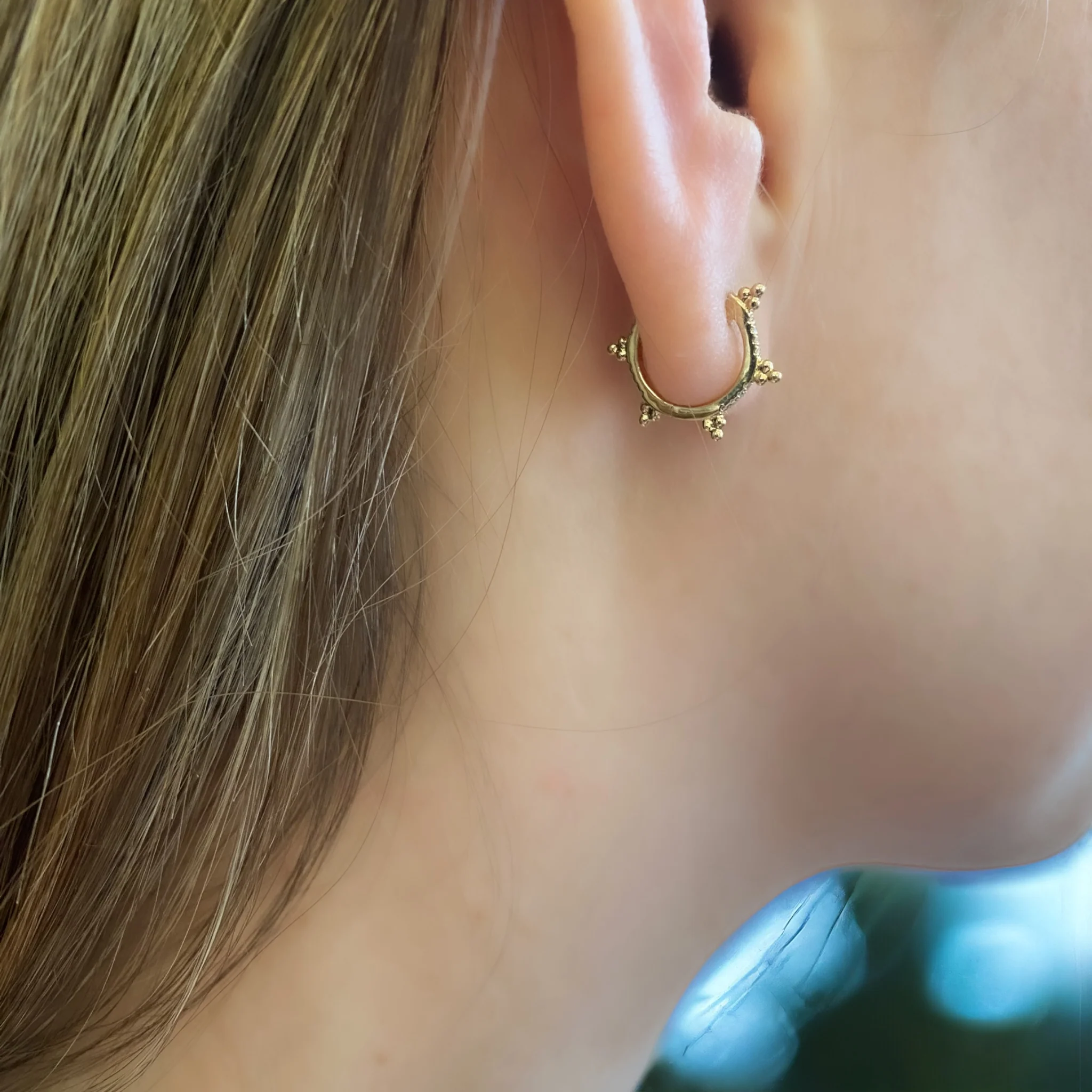 14k Beaded Diamond Huggie Hoops - Image 3