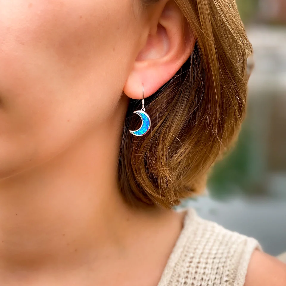 Blue Opal Crescent Moon Earrings - Image 3